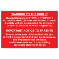 Building Site Warning To Public And Parents' Sign 600mm x 400mm