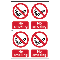 ‘No Smoking’ Sign, Self-Adhesive Rigid PVC, 4 per sheet 100mm x 150mm