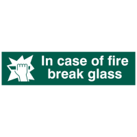 ASEC `In Case Of Fire Break Glass` 200mm x 50mm PVC Self Adhesive Sign. - 1 Per Sheet