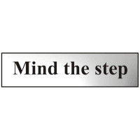 ASEC `Mind The Step` 200mm x 50mm Chrome Self Adhesive Sign - 1 Per Sheet