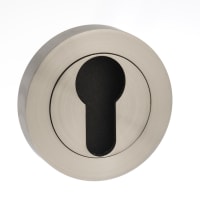 Mediterranean Euro Escutcheon on Round Rose Satin Nickel