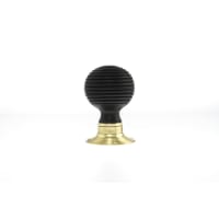 Old English Whitby Ebony Wood Reeded Mortice Knob on 60mm Face Fix Rose Polished Brass