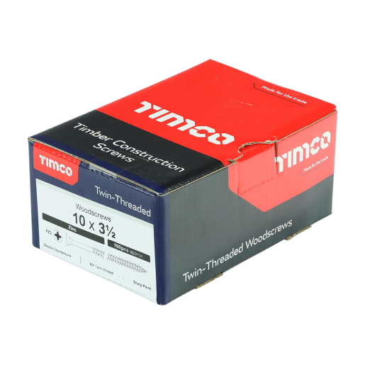 TIMCO Twin-Thread Woodscrews Countersunk Head 10 Gauge 3.5 Inch Box of 100