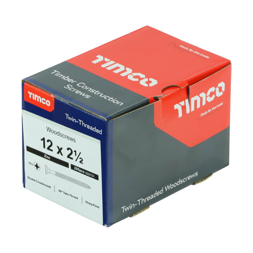 TIMCO Twin-Thread Woodscrews Countersunk Head 12 Gauge 2.5 Inch Box of 200