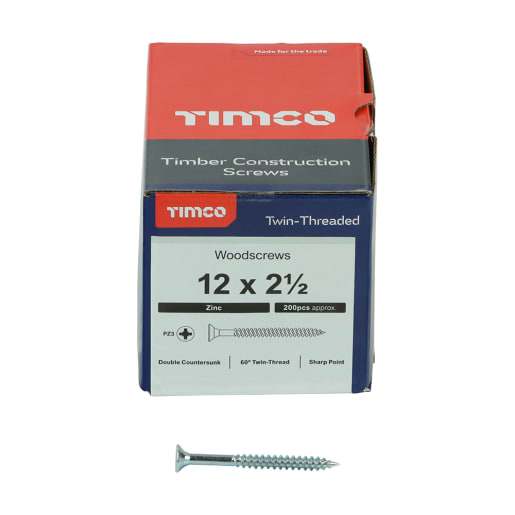 TIMCO Twin-Thread Woodscrews Countersunk Head 12 Gauge 2.5 Inch Box of 200