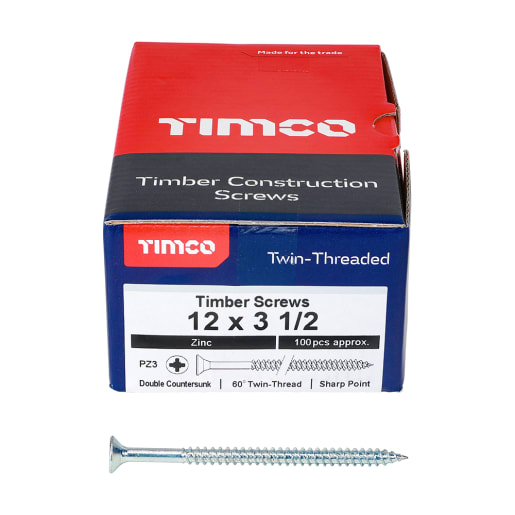 TIMCO Twin-Thread Woodscrews Countersunk Head 12 Gauge 3.5 Inch Box of 100