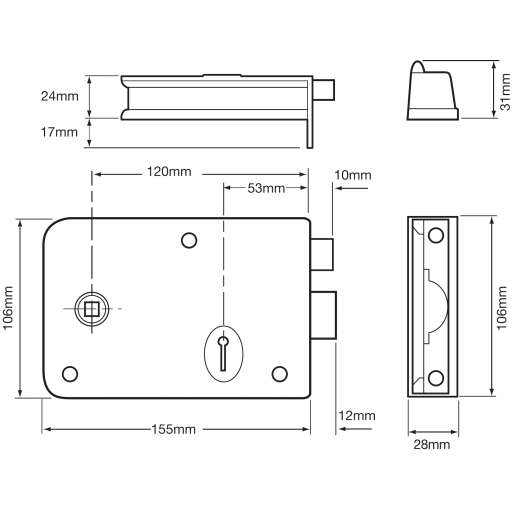 Union 1439 Lever Rim Lock Left Handed 152mm Black