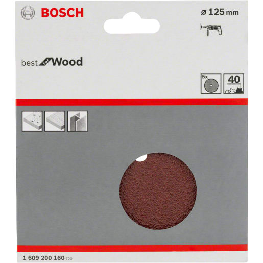 Bosch Sanding Discs 40 Grit 125mm Diameter Brown Pack of 5