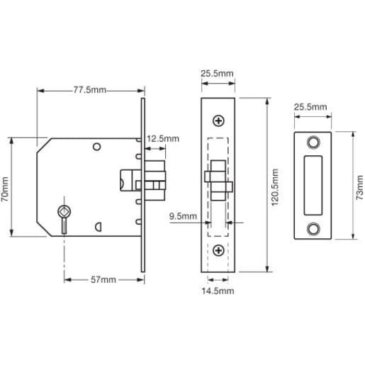 Union 2426 3 Lever Bathroom Sliding Door Lock 77mm Satin Chrome