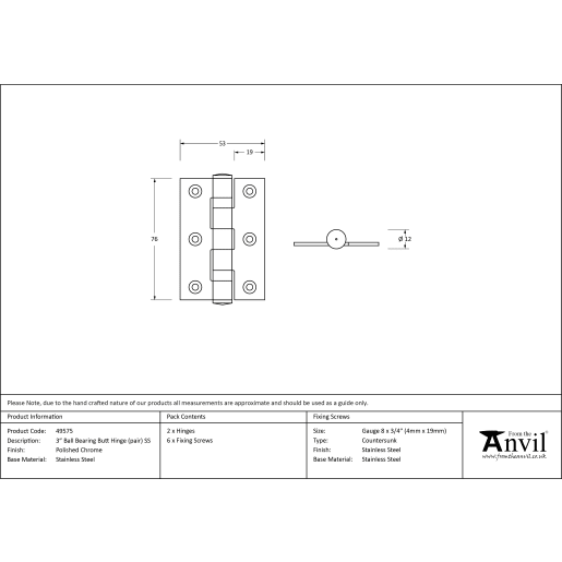 From the Anvil Ball Bearing Butt Hinge 76mm Polished Chrome (Pair)