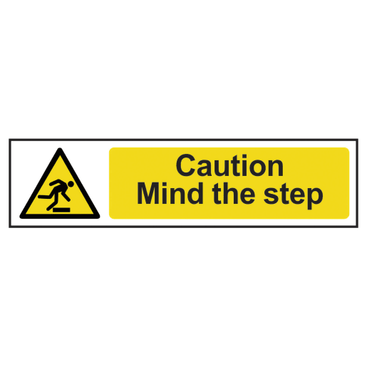Caution Mind The Step' Sign, Self-Adhesive Semi-Rigid PVC 200mm x 50mm