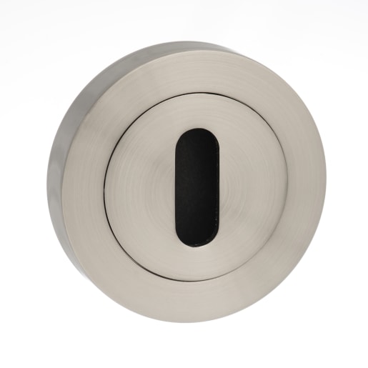 Mediterranean Key Escutcheon on Round Rose Satin Nickel