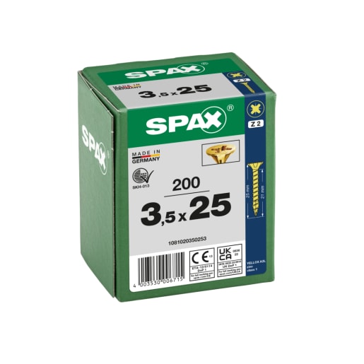 SPAX YELLOX Coated Universal Woodscrews PZ2 Bit Recess 3.5 x 25mm Box of 200