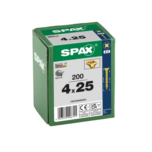 SPAX YELLOX Coated Universal Woodscrews PZ2 Bit Recess 4.0 x 25mm Box of 200