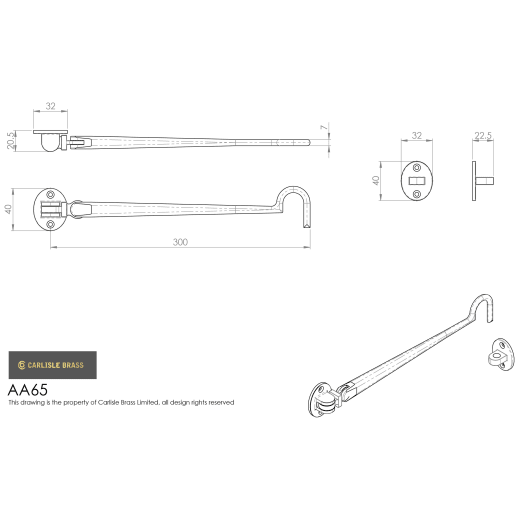 Carlisle Brass Heavyweight Cabin Hook Silent Pattern 305mm Pol Brass