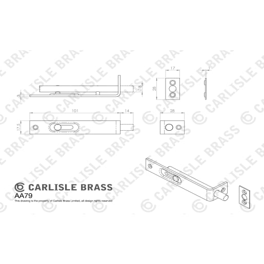Carlisle Brass Sunk Slide Flush Bolt 100 x 18mm Satin Nickel