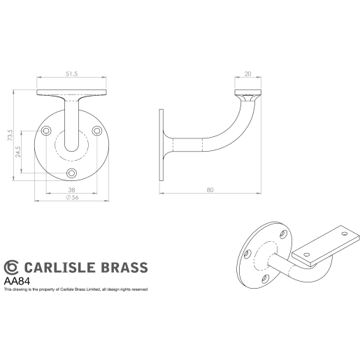 Carlisle Brass Heavyweight Handrail Bracket 64mm Polished Brass