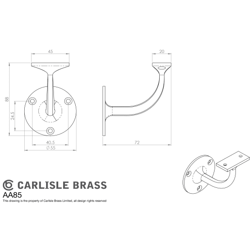 Carlisle Brass Lightweight Handrail Bracket 64mm Polished Brass