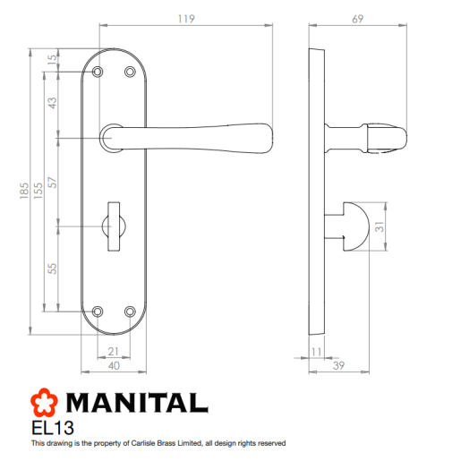 Manital Euroline Ibra Lock Lever on Bathroom Backplate Polished Brass