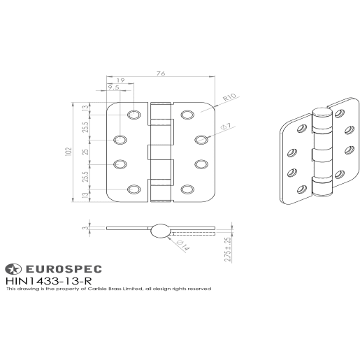 Eurospec Enduro Grade 13 Ball Bearing Hinge Radius 102 x 76mm Bright Stainless Steel