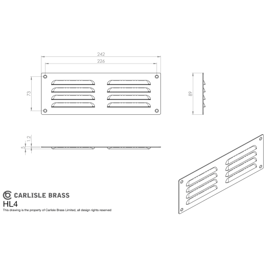 Carlisle Brass Ventilator Hooded Louvre Pattern 242 x 89mm Pol Brass