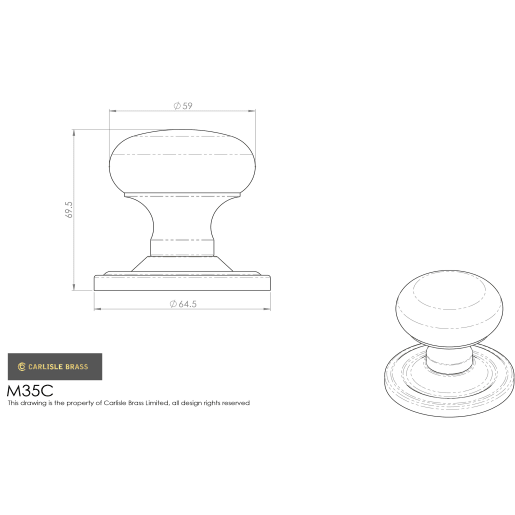 Manital Mushroom Mortice Knob 59mm Polished Brass
