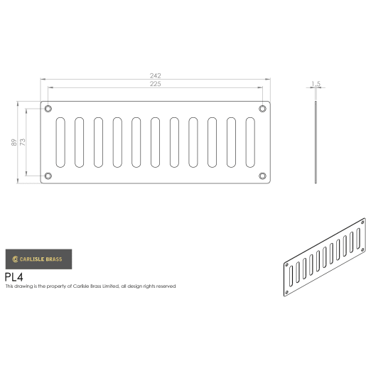 Carlisle Brass Ventilator Slotted Type 242 x 89mm Polished Brass