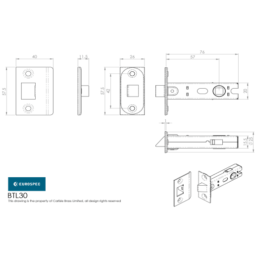 Eurospec Bolt Through Tubular Mortice Latch Square 76mm Nickel Plated