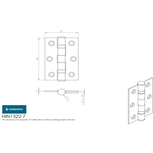 Eurospec Ball Bearing Butt Hinge 76 x 50mm PVD Stainless Brass Pack of 2