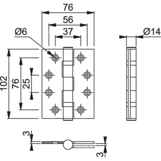 ARRONE Ball Bearing Butt Hinge 102 x 75 x 3mm Stainless Steel AR8180-SSS 