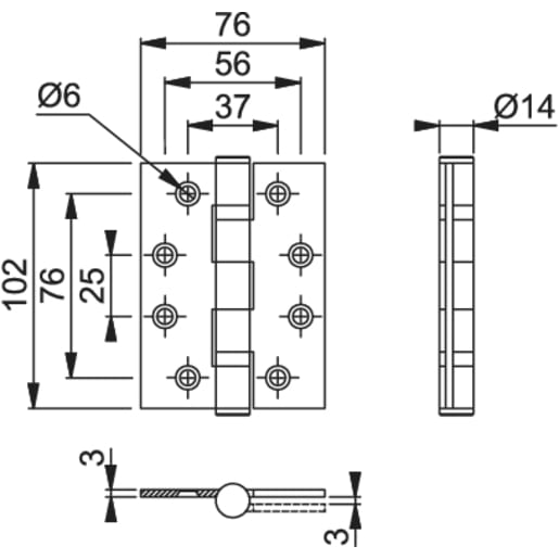 ARRONE Ball Bearing Butt Hinge 102 x 75 x 3mm Stainless Steel AR9290-PSS