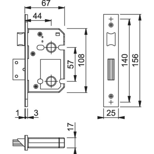Arrone Mortice Bathroom Lock 63mm AR8023-63-5/8-SC