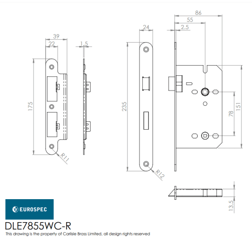 Eurospec Easi-T Contract Bathroom Din Lock Radius 55mm Satin Stainless Steel