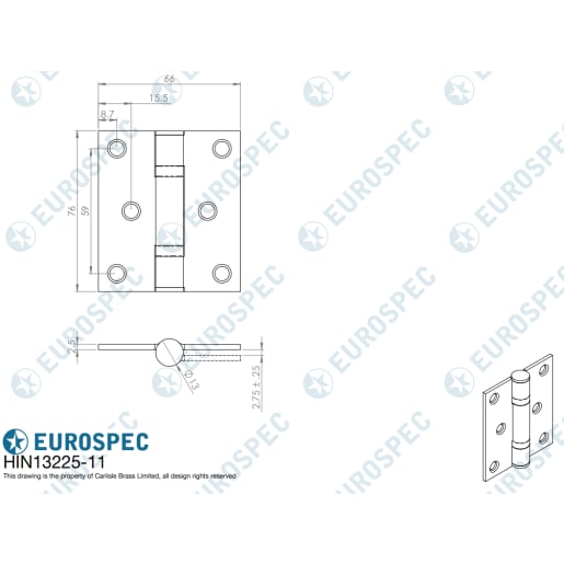 Eurospec Enduro Ball Bearing Hinge Grade 11 76mm Bright Stainless Steel