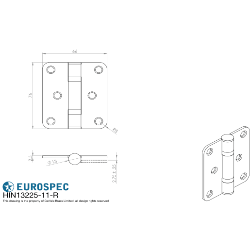 Eurospec Enduro Ball Bearing Hinge Grade 11 76mm Satin Stainless Steel