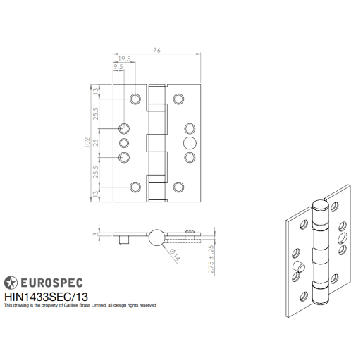 Eurospec Enduro Grade 13 Ball Bearing Security Hinge 102 x 76mm Satin Stainless Steel