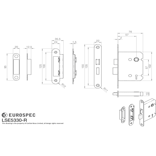 Eurospec Contract Easi-T 3-Lever Sashlock Radius 76mm Electro Brassed