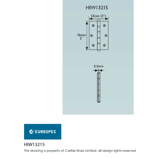 Eurospec Washered Butt Hinge 76mm Satin Stainless Steel