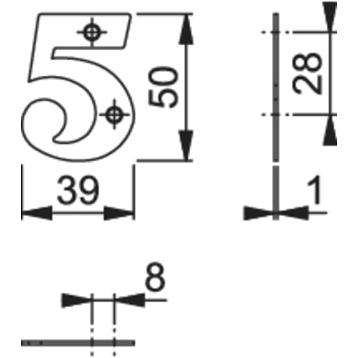 Arrone Face Fix '5' Numeral 50 x 22 x 1mm Satin Anodised Aluminium AR140/5-SAA