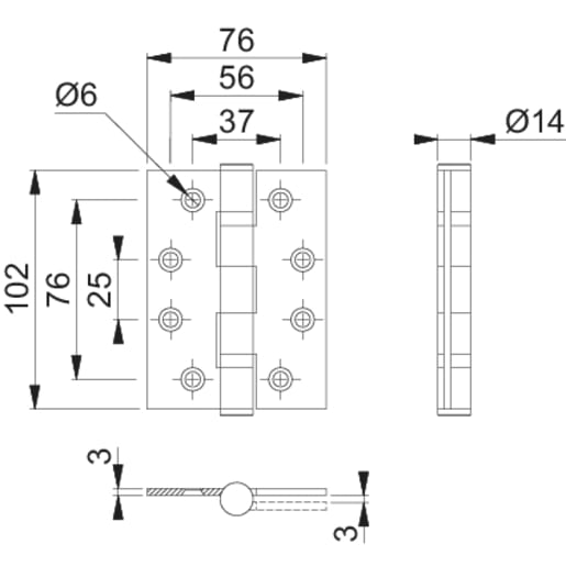 ARRONE Ball Bearing Butt Hinge Grade 13, 1.5 Pair 102 x 75 x 3mm Stainless Steel  AR8187-SSS