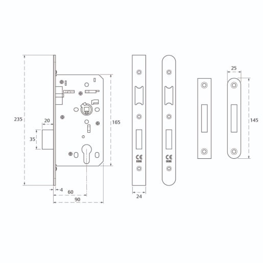 Union HD72 CE DIN Euro Profile Deadlock Radius for end 60mm Backset Stainless Steel