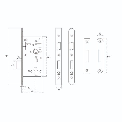 Union HD72 CE DIN Euro Profile Deadlock Square for end 60mm Backset Stainless Steel
