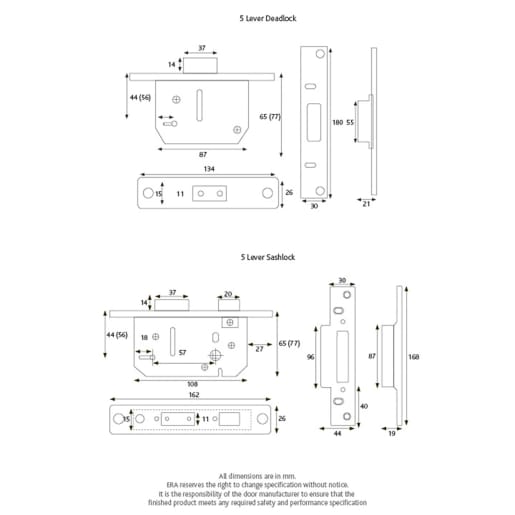 ERA Viscount 5 Lever Security Deadlock 3 inch / 76mm  Polished Satin Finsh