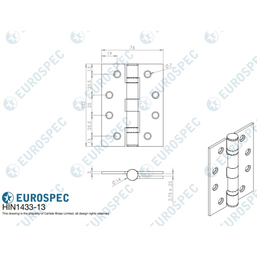Eurospec Fire Door Hinge Square Edge Stainless Brass Pack of 2