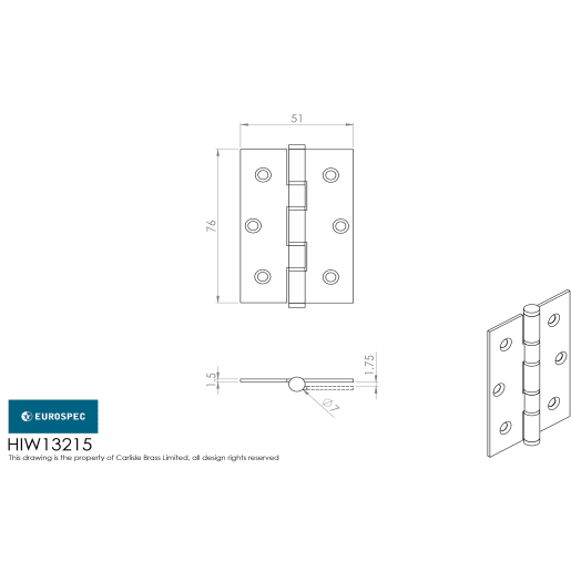 Eurospec Washered Butt Hinge 76mm Satin Stainless Steel