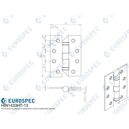 Eurospec Enduro Grade 13 Ball Bearing Hospital Hinge 102 x 76mm Stainless Steel