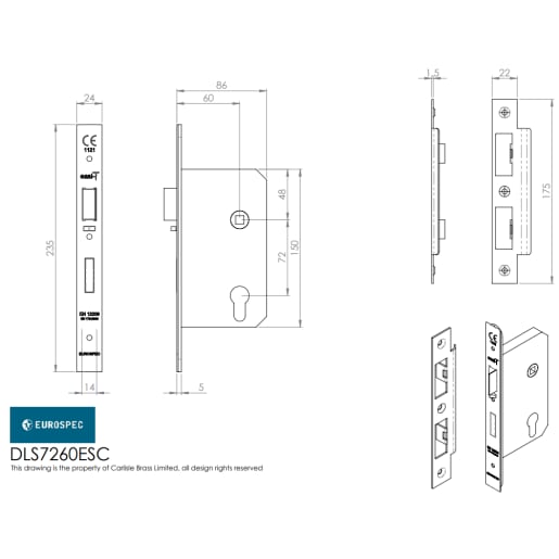 Eurospec Easi-T Contract Din Euro Profile Sashlock 85mm Satin Stainless Steel