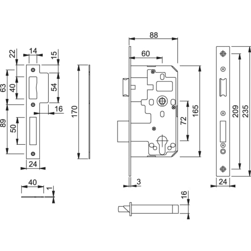 Arrone Standard Euro Profile Mortice Sashlock 165 x 16 x 88mm Satin Stainless Steel