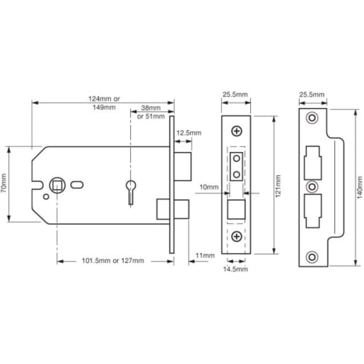 Union 2077 3 Lever Horizontal Mortice Lock 149mm Satin Chrome