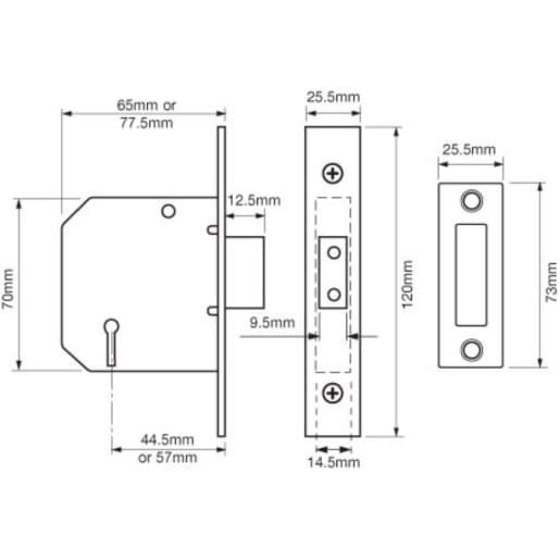 Union 2177 3 Lever Mortice Deadlock 77mm Polished Brass